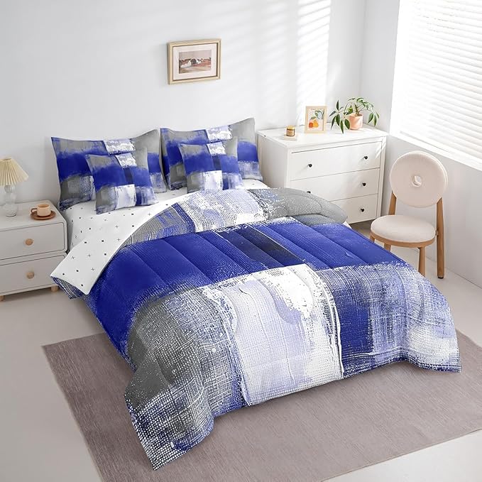 Erosebridal Navy Blue White Grey Bed in a Bag 7 Pieces Graffiti Bedding Comforter Sets with Flat Sheet and Fitted Sheet, Watercolor King Bedding Sets with Pillowcases and Throw Pillow Covers