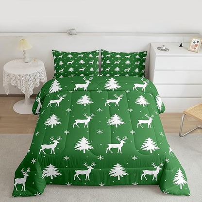 Christmas Deer Comforter Set Full Size,Snowflake Pine Tree Kids Bedding Set,Rustic Farmhouse Xmas Quilt Comforter,Green White Duvet Insert,2 Pillowcases