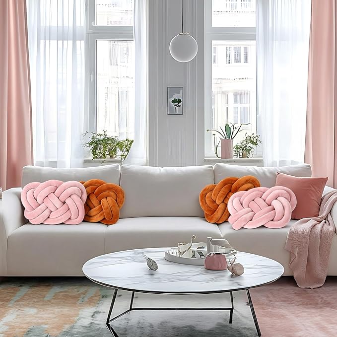 Sintuff Set of 2 Velvet Knot Pillow Ball 14 x 16 Inch Soft Decorative Knotted Throw Pillow for Christmas Thanksgiving Couch Home Sofa Bedroom Decor to Add Comfort and Style(Coffee and Pink)