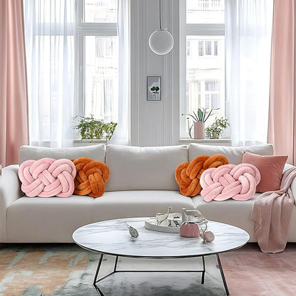 Sintuff Set of 2 Velvet Knot Pillow Ball 14 x 16 Inch Soft Decorative Knotted Throw Pillow for Christmas Thanksgiving Couch Home Sofa Bedroom Decor to Add Comfort and Style(Coffee and Pink)