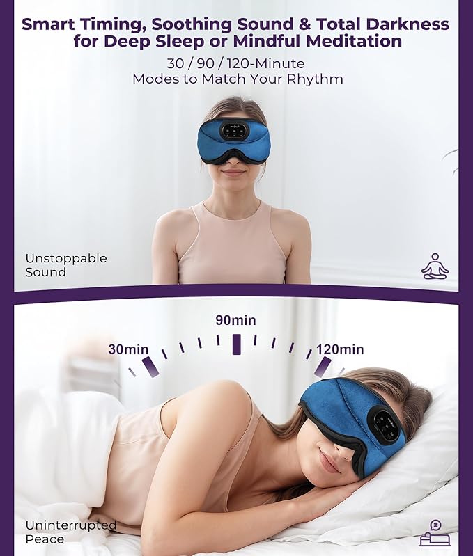 MUSICOZY 3D Bluetooth Sleep Mask with Headphones and Timer, Wireless Sleep Headphones for Side Sleepers, Eye Mask with Bluetooth Headphone, Unique Gifts for Men Women, Blue