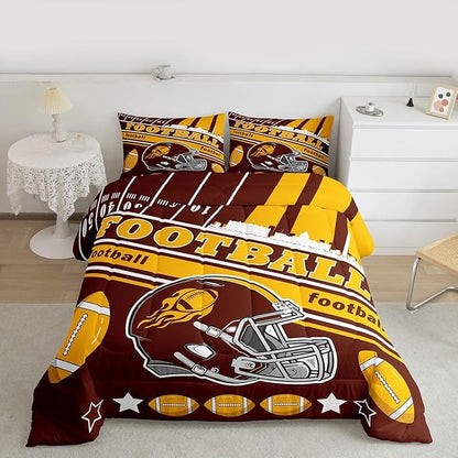 Feelyou Football Bedding Set Boys Girls Queen Size Rugby Sports Comforter Set Football City Duvet Women Men Gray Brown Yellow Decor