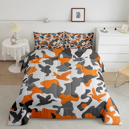 Erosebridal Duck Hunting Duvet Insert Full Size Camo Bedding for Kids Army Camouflage Hunting Bedding Comforter Sets Vintage Yellow Grey Room Decor Wild Animal Duck Rustic Comforter Set