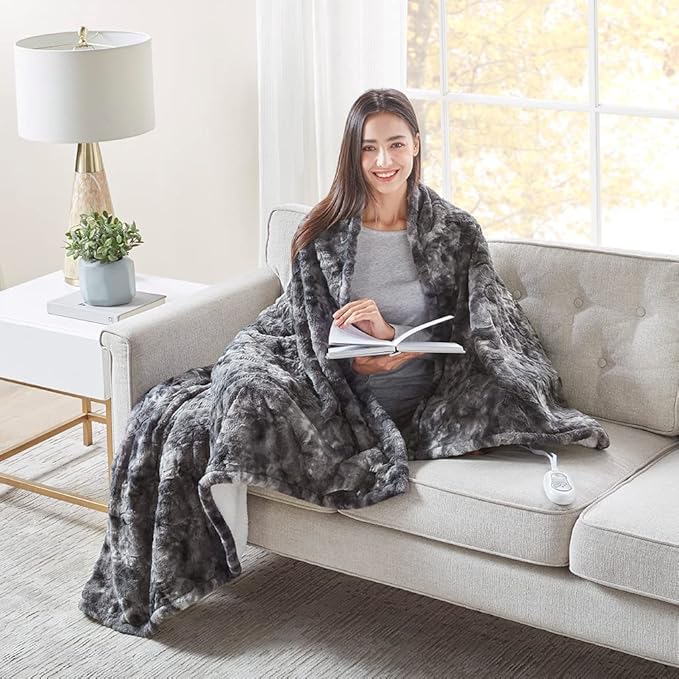 Codi Soft Oversize Heated Throw Blanket, Marble Grey Faux Fur with Fuzzy Sherpa Back | 60 x 70 Oversized Electric Throws for Couch | 3 Heat Setting with 2H Auto Shut Off, 6ft Power Cord | Washable