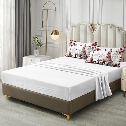 Paris Comforter Set 8 Pcs Red Rose Bedding Set Eiffel Tower Retro France Comforter Red Butterfly Romantic French Bed Comforter Queen Bed in A Bag