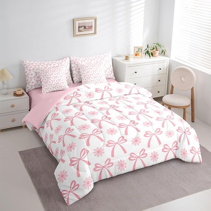 Feelyou Pink Bow Comforter Set King Size 7 Pieces Groovy Flower Daisy Bedding Set for Kids Boys Girls Cute Bowknot Bed in a Bag with Comforter, Sheets, Pillowcases, Cushion Covers Kawaii
