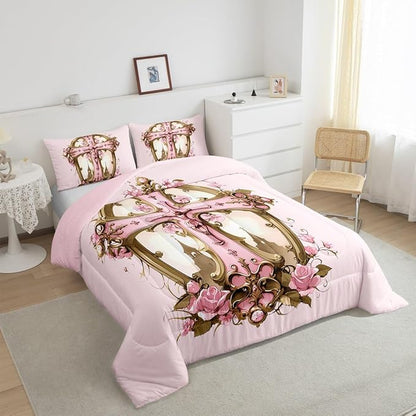 Erosebridal The Cross Theme Comforter Set, Patriotic Style Bedding Set King Size for Kids Girls Women Bedroom Decor, Rose Flower Down Comforter Romantic Floral Quilt, Pink