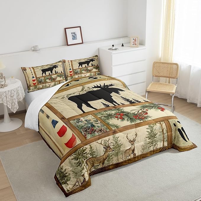 Retro Cabin Lodge Decor Comforter Set Queen, Rustic Farmhouse Moose Bedding Comforter Sets, Lake House Decor Paddle Bedding, Woodland Pine Tree Down Comforter, Buffalo Plaid Quilt with 2 Pillowcases