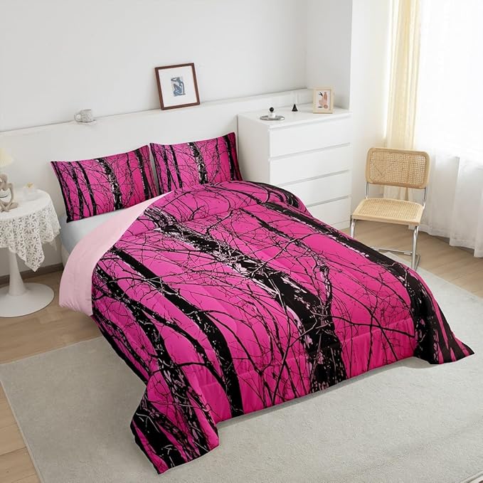 Erosebridal Cabin Lodge Twin Comforter Set,Woodland Rustic Bedding Sets for Girls Boys Kids,Hot Pink Camo Hunting Quilt Bed Set,Vintage Country Room Decor with 1 Pillowcase,Breathable