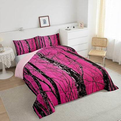 Erosebridal Cabin Lodge Queen Comforter Set,Woodland Rustic Bedding Sets for Girls Boys Kids,Hot Pink Camo Hunting Quilt Bed Set,Vintage Country Room Decor with 2 Pillowcases,Breathable