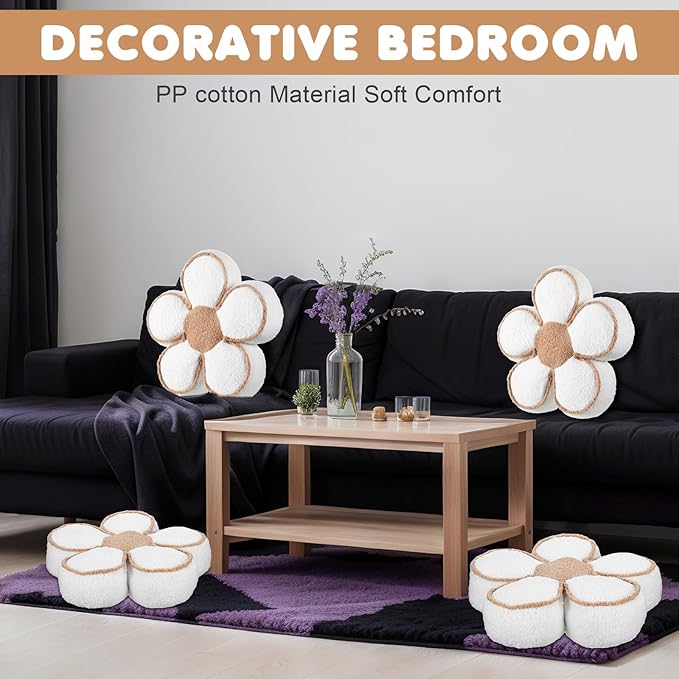 Menkxi 2 Pack Flower Pillows Cute Flower Shaped Pillows Daisy Pillow Throw Soft Floor Cushion for Living Room Bedroom Sofa Couch Winter Warm Decoration 15.7 Inch(White)