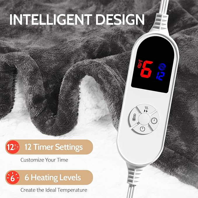 HOW'S MY HOUSE Heated Blanket 72" x 84", Electric Blanket Full Size with 12 Time Settings & 6 Heating Levels, Over-Heat Protection, Flannel Sherpa Super Cozy with ETL Certification, Charcoal