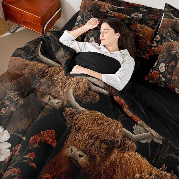 Erosebridal Brown Cattle Full Bedding Set - Floral Highland Cow Bed in A Bag,Hippie Groovy Flowers Comforter Sets with Sheets, Vintage Floral Animal 7 Pieces Bed Set Bedroom Decor