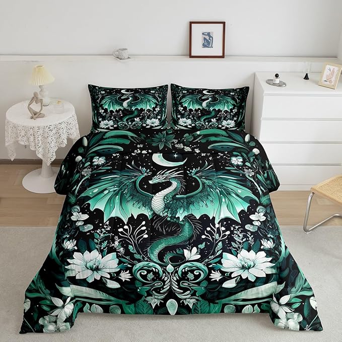 Feelyou Kids Dragon Comforter Set Twin Size, Green Dragon Bedding Set Dragon Lovers Comforter for Kids Boys Girls Boho Duvet Insert Room Decor 2Pcs