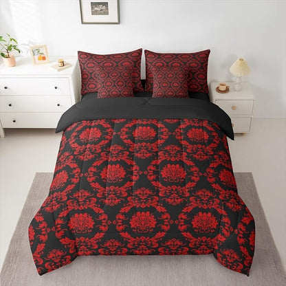 Erosebridal Black and Red Damask Queen Comforter Set with Sheets | Victorian Decor Gothic Vintage Floral 7-Piece Bedding Set Baroque Goth Bed in a Bag, Luxury Bohemian Bed Sets