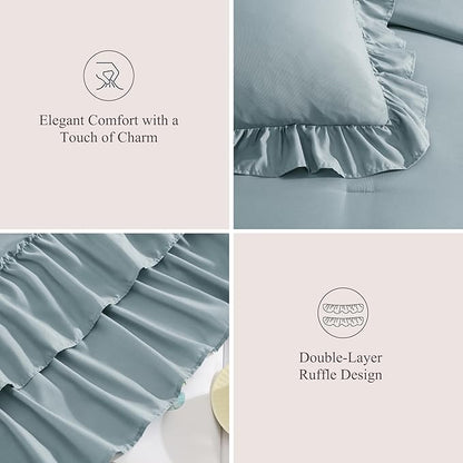 King Size Comforter Set Dusty Blue, Ruffle Shabby Chic Bedding Set Farmhouse 7 Pieces, All Season Fluffy Bed in a Bag with Sheets, Pillowcases & Shams