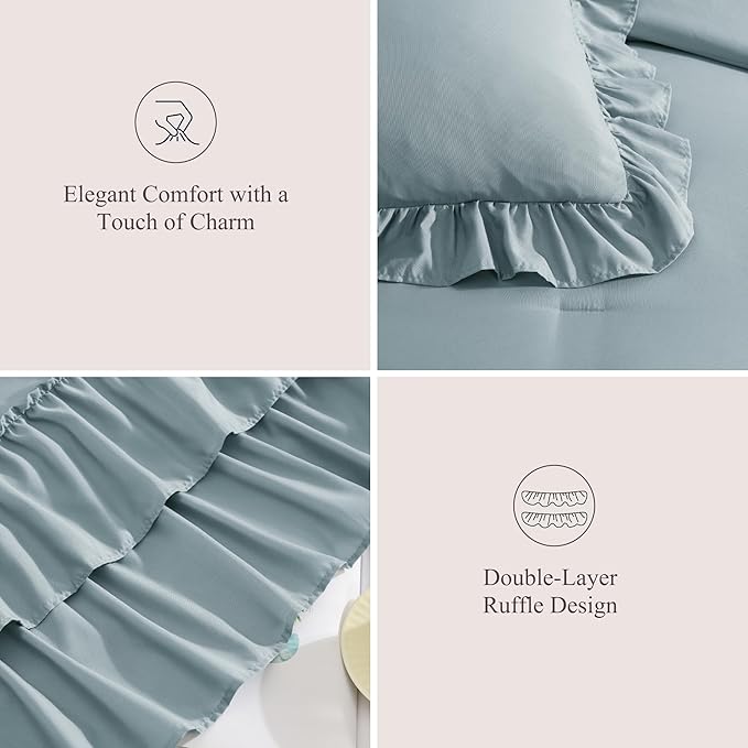 Queen Comforter Set Dusty Blue, Ruffle Shabby Chic Bedding Set Farmhouse 7 Pieces, All Season Fluffy Bed in a Bag with Sheets, Pillowcases & Shams
