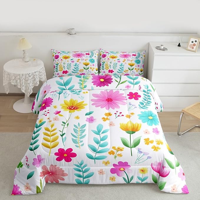Manfei Watercolor Floral Comforter Set King Size,Botanical Flower Leaves Bedding Set 3pcs,Cartoon Cute Blossom Down Comforter for All Season,Kids Boys Girls Room Decor,2 Pillowcases,No Sheets