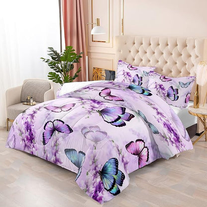 Lavender Butterfly Comforter Set for Girl Kid Adult Colorful Butterfly Pattern Bedding Set Aesthetics Butterflies Quilt Bed Set Full Size with 1 Comforter and 2 Pillowcases