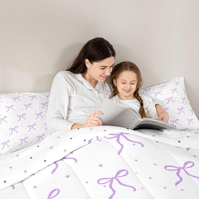 Erosebridal Ribbon Bow Bedding Set Toddler for Girls Women Coquette Bows Comforter Set for Kids Teen Girls Women Bedroom Preppy Princess Bowknot Comforter Girly Purple Bow Quilt Duvet
