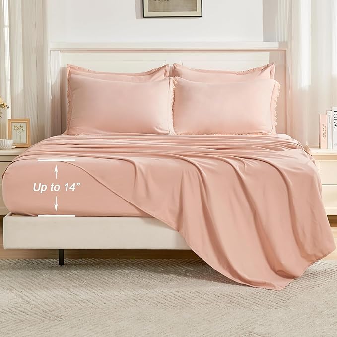 Andency Oversized King Comforter Set with Sheets 128x120 Pink - 7 Pieces Bed in a Bag Boho Soft Lightweight Bedding Sets, Tassel Bed Set with Comforter, Sheets, Pillowcases & Shams