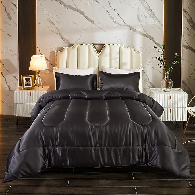 Satin Comforter Set - Black, Silk-Like, Down Alternative, King Size, 1 Comforter + 2 Pillowcases