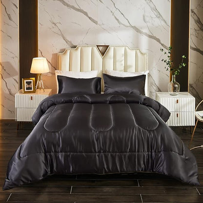 Satin Comforter Set - Black, Silk-Like, Down Alternative, King Size, 1 Comforter + 2 Pillowcases