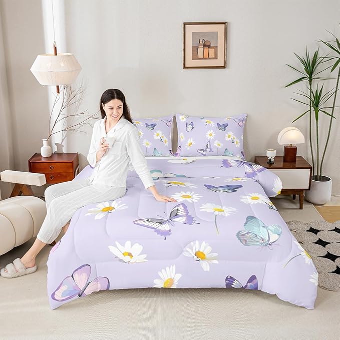 Manfei Purple Comforter Set King Size, Daisy Flower Butterfly Bedding Set 3pcs for Kids Boy Girls Room Decor, Botanical Garden Artwork Quilt Set Soft Polyester Duvet Set with 2 Pillowcases