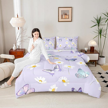 Manfei Purple Comforter Set King Size, Daisy Flower Butterfly Bedding Set 3pcs for Kids Boy Girls Room Decor, Botanical Garden Artwork Quilt Set Soft Polyester Duvet Set with 2 Pillowcases