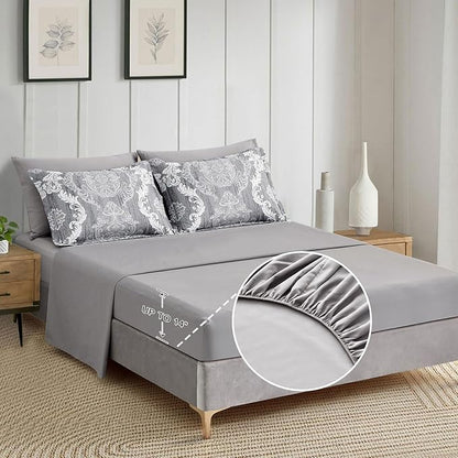 WONGS BEDDING Grey Comforter Set King Size, Damask Texture 7 Pieces Gray Bed in a Bag Microfiber Boho Comforter Bedding Sheet Set with Comforter, Flat Sheet, Fitted Sheet,Pillow Shams,Pillowcases