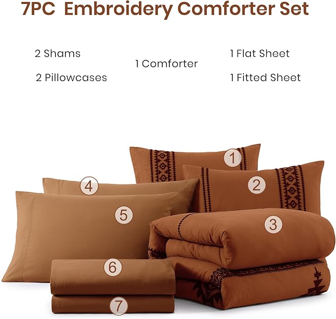 MaiRêve Embroidery Comforter Set, Boho Farmhouse Western Bedding Set, All Season Bed in A Bag Comforter Set with Sheets, Pillowcases & Shams, Burnt Orange Queen 7 Pieces