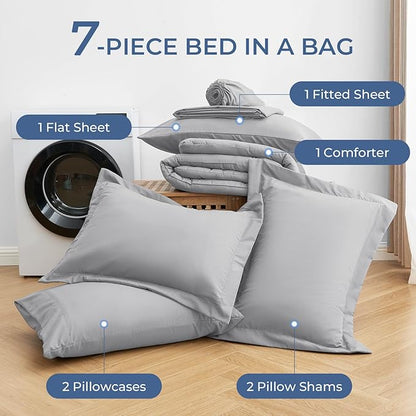 Sasttie King Size Comforter Set, 7 Pieces Bed in a Bag King, Complete Bedding Set Includes Comforter, Flat Sheet, Fitted Sheet, Pillowcases and Pillow Shams, Light Grey