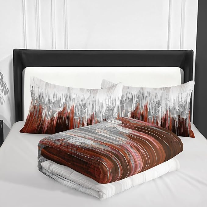 Burnt Orange White Gradient Print Comforter Set Full Size,Abstract Art Bedding Set,Patchwork Printed Quilted Set for Teens Adult,with 1 Comforter and 2 Pillow Case