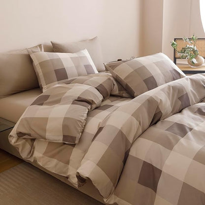 KAREVER Gingham Checkered Comforter Queen Khaki Plaid Bedding Set Boys Girls Colorful Grid Cottagecore Blanket Queen