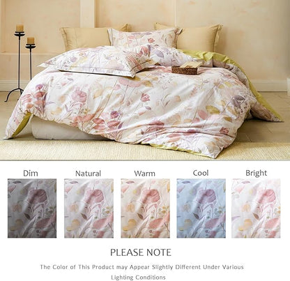 King Size Floral Comforter Set, 3Pcs Long Staple Cotton Duvet for All Seasons, Botanical Print Bedding Set with 1 Lightweight Comforter and 2 Pillow Shams