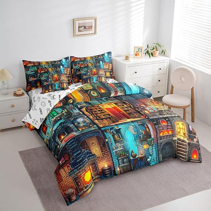 Sandbox Games 7Pcs Comforter Set Twin Size,Pixelated Miner Theme Bedding Sets for Kids Boys Teens Room Decor,Block Patchwork City View Fitted Flat Sheet Building Gamer 2 Throw Pillow,2 Pillowcases