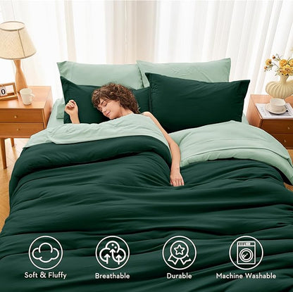 MUXHOMO 7 Pieces King Comforter Set, Soft Bed in a Bag King Size, All Season Bedding Set with Comforter, Flat Sheet, Fitted Sheet, Pillowcases & Shams, Forest Green & Sage Green