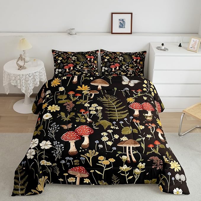 Feelyou Mushroom Comforter Set Toddler Size Boho Comforter Western Decor Bedding Set Southwest Native American Design Duvet Set Room Decor Bronze Black Quilt Set