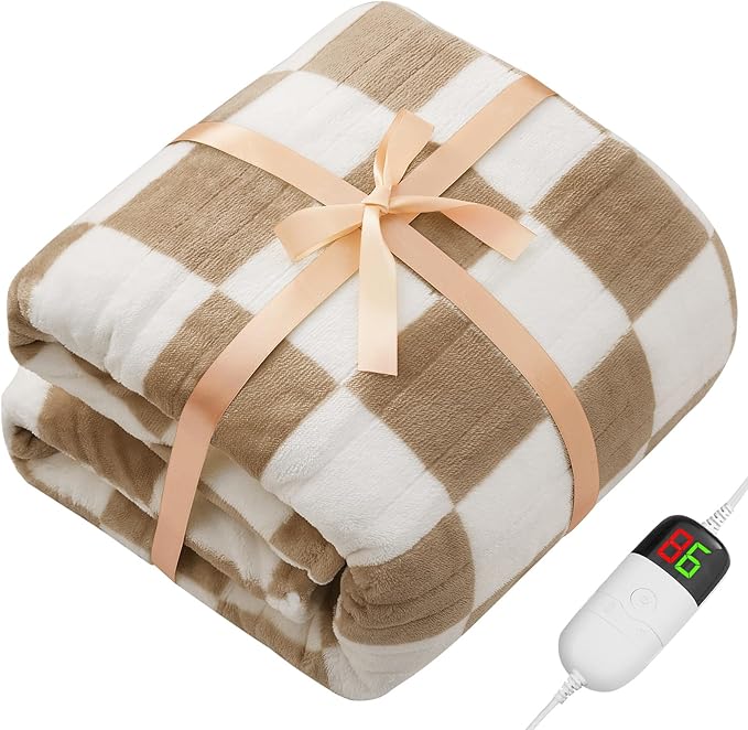 Light Brown Heated Blanket Electric Twin Size, 62X84 Heating Blanket with 10 Heat Level & 8 Hours Auto Off, Checkered Plaid Soft Fleece Sherpa Blankets Warmer Gifts for Couch Grandma Women Adults