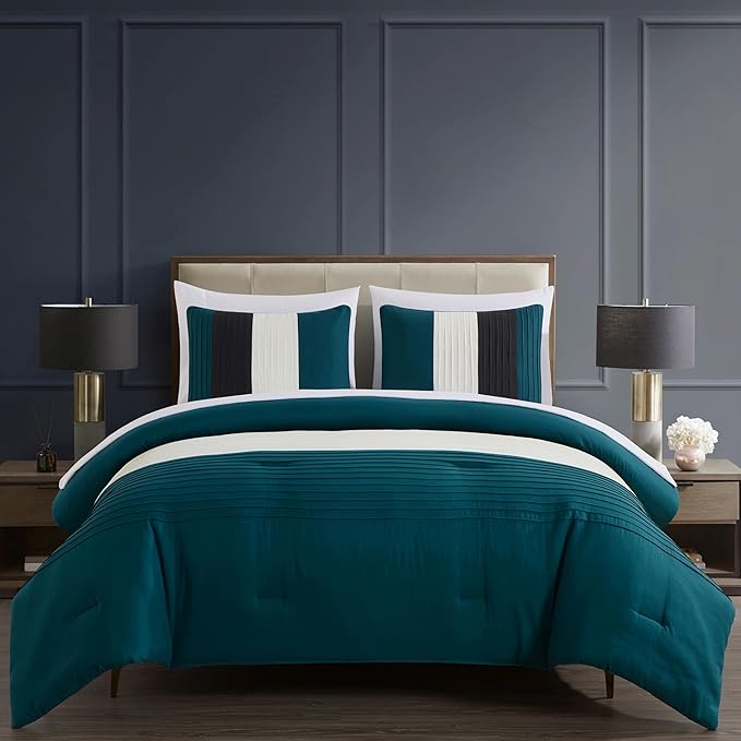 Chezmoi Collection Briar 7-Piece King Bed in a Bag - All Season Lightweight Microfiber Comforter Set - Includes Sheets & Shams - Teal/Black/White Pleated Stripe Design