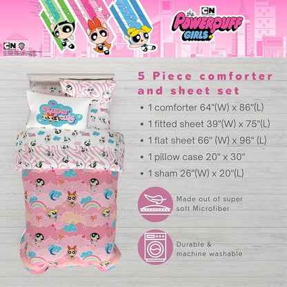 Franco Collectibles Powerpuff Girls Bedding 5 Piece Super Soft Comforter and Sheet Set with Sham, Twin, (100% Official Licensed Product)