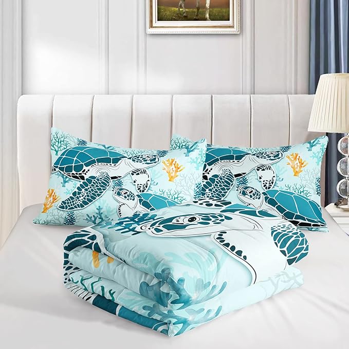 HOSIMA Sea Turtle Comforter Set,Coastal Beach Themed Bedroom Comforter Set Queen Size for Kids Teen Girls Boys Room Decor,Turtle Twin Bed in a Bag for Girls with 2 Pillowcases.