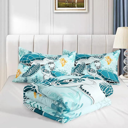 HOSIMA Sea Turtle Comforter Set,Coastal Beach Themed Bedroom Comforter Set Queen Size for Kids Teen Girls Boys Room Decor,Turtle Twin Bed in a Bag for Girls with 2 Pillowcases.