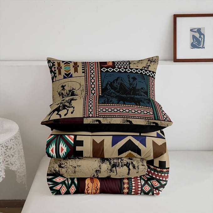 Feelyou Kids Brown Western Aztec Comforter Set King Size Horse Bedding Set for Boys Girls Teens Bedroom Decor Wild Cowboy Boho Southwestern Rustic Farmhouse Tribal Duvet Quilt Breathable Soft 3Pcs