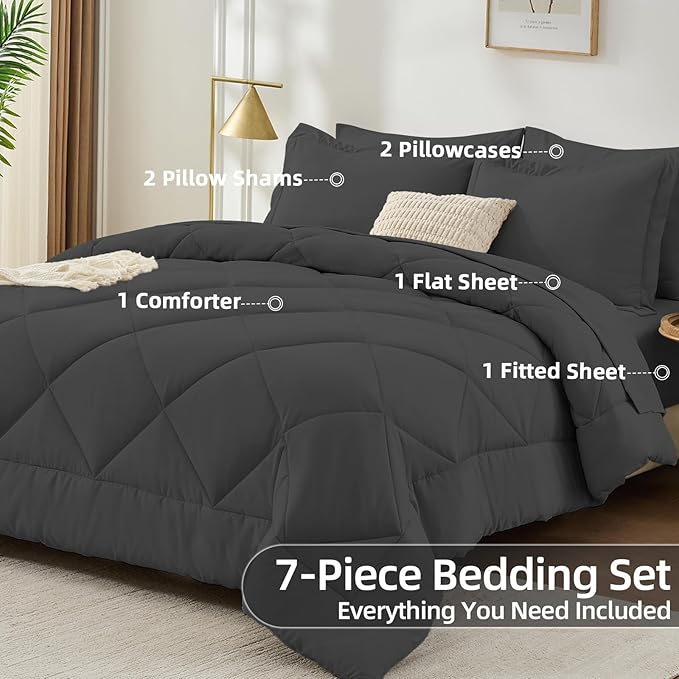 FUANNA 7 Pieces Full Size Comforter Sets, All Season Bedding Sets Full Size, Luxury Soft Bed in a Bag with Comforter, Flat Sheet, Fitted Sheet, Pillowcases & Pillow Shams, Dark Grey