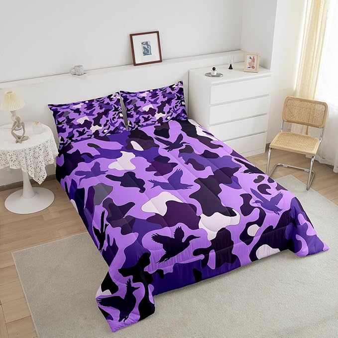 Erosebridal Duck Hunting Duvet Insert Queen Duck Hunter Bedding for Kids Girls Army Camouflage Hunting Bedding Comforter Sets Vintage Purple Black Room Decor Wild Animal Duck Rustic Comforter Set