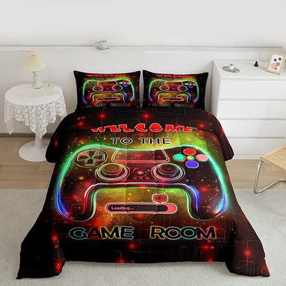 jejeloiu Cool Gamer Bedding Set Full Size for Boys 3D Gaming Comforter Set Kids Teens Bright Red Duvet Set Modern Game Console Quilt Set 3Pcs