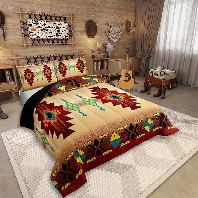Erosebridal Western Aztec Comforter Set for Boys, Native Tribal Ethnic Bedding Set Toddler Size Farmhouse Boho Geometric Quilt Southwestern Ethnic American Native Duvet Insert for Adult Men, Red