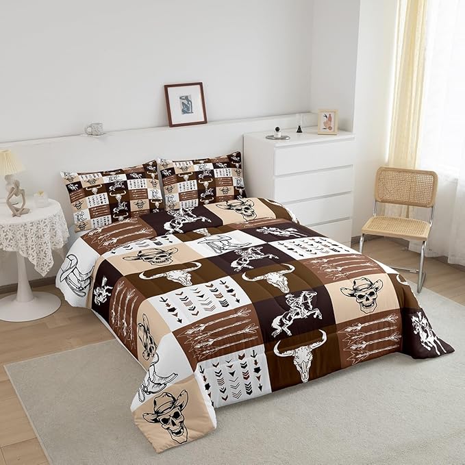Feelyou Western Decor Bedding Set Twin Size Kids Wild Western Cowboy Comforter Set Horse Longhorn Skull Arrow Geometric Plaid Comforter for Room Decor Brown Duvet Set with 1 Pillow Case