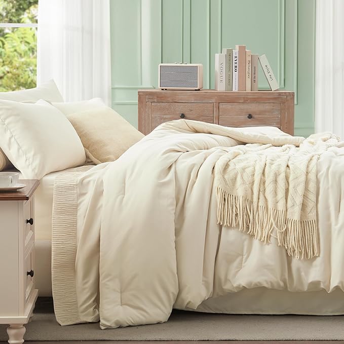 Anluoer Cream Twin Comforter Set 5 Pieces, Bed in a Bag with Sheets, All Season Bedding Sets with 1 Comforter, 1 Pillow Sham, 1 Pillowcase, 1 Flat Sheet, 1 Fitted Sheet